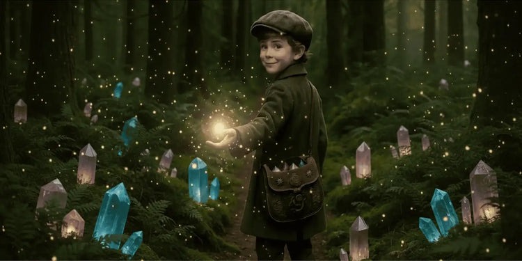 Enfant à l'entrée d'une forêt qui porte une besace remplie de cristaux avec un halo de lumière dorée dans la main. Il y a des cristaux et des lucioles un peu partout autour