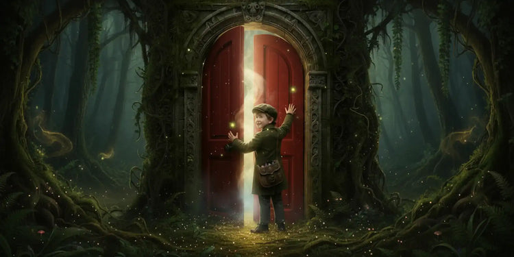 Petit Poucet poussant une vielle porte rouge aux contours très ouvragés laissant entrevoir derrière, tout un monde de magie et de féérie