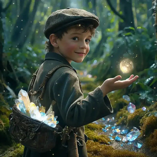 Un garçon portant une casquette plate marron et un manteau vert foncé porte une sacoche en cuir rustique remplie de cristaux bleus et jaunes luminescents.