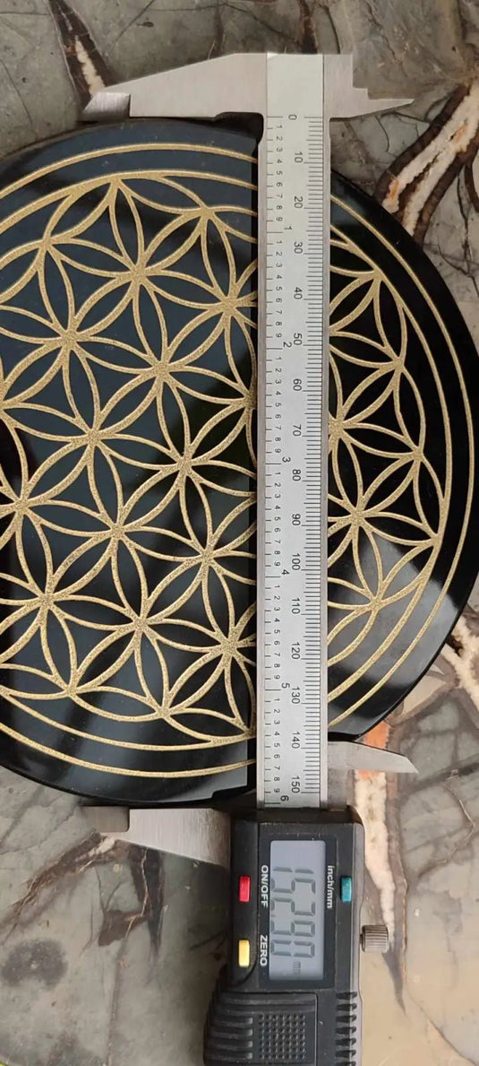 Obsidienne noire du Mexique disque fleur de vie Grade A++++ (GM) Disque gravé Fleur de Vie en Obsidienne noire