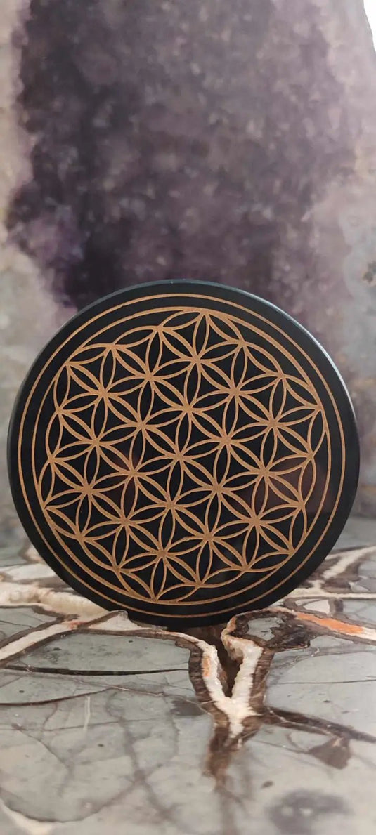 Obsidienne noire du Mexique disque fleur de vie Grade A++++ (MM) Disque gravé Fleur de Vie en Obsidienne noire