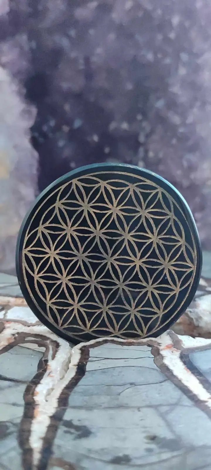 Load image into Gallery viewer, Obsidienne noire du Mexique disque fleur de vie Grade A++++ (PM) Disque gravé Fleur de Vie en Obsidienne noire
