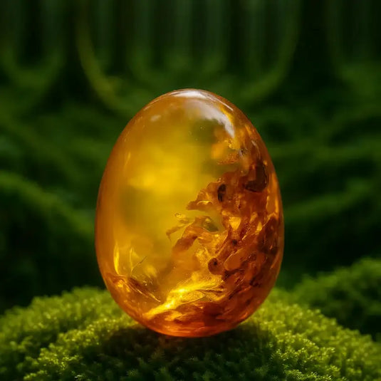 Œuf en ambre sur tapis de mousse fraiche et forêt en arrière plan