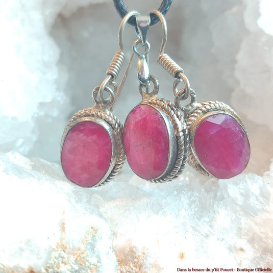 Parure Rubis en Argent Indien - Pendentif & Boucles d’oreilles - Vue 1