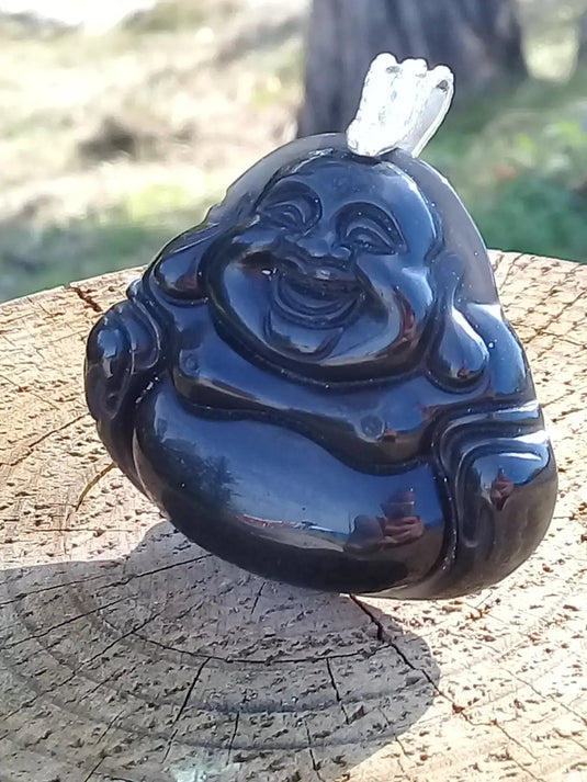Pendentif Bouddha en Obsidienne Larme d’Apache Grade A ++++ avec bélière en Argent 925 Pendentif Bouddha en Obsidienne Larme d’Apache