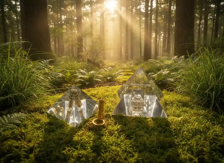 Deux pyramides de cristal facettées et claires reposent sur un sol moussu dans une forêt ensoleillée.