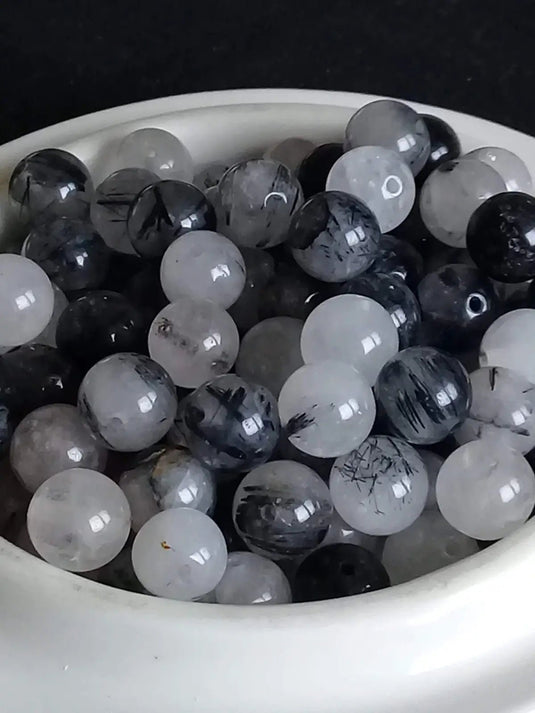 Quartz inclusions de Tourmaline Grade A++++ Prix perle à l’unité Diam 8mm Quartz à inclusions de Tourmaline noire perle