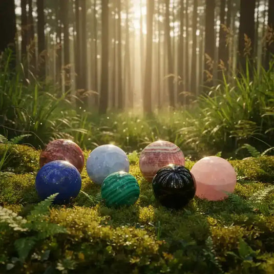 Variété de sphères de toutes sortes et couleurs, posées sur tapis de mousse fraiche et fort en arrière plan
