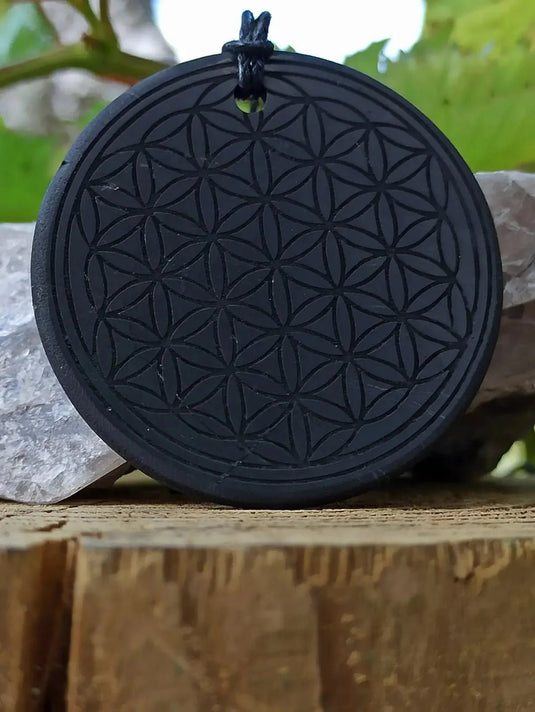 Shungite pendentif gravé arbre de vie ou fleur de vie Ø5cm fleur de vie Ø3cm Bouclier + Ancrage Shungite pendentif gravé fleur de vie