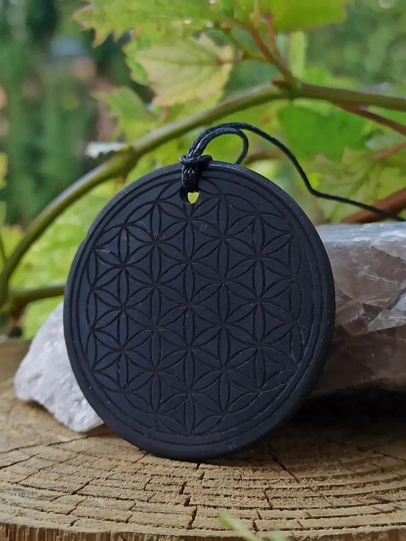 Chargez l&#39;image dans la visionneuse de la galerie, Shungite pendentif gravé arbre de vie ou fleur de vie Ø5cm fleur de vie Ø3cm Bouclier + Ancrage Shungite pendentif gravé fleur de vie
