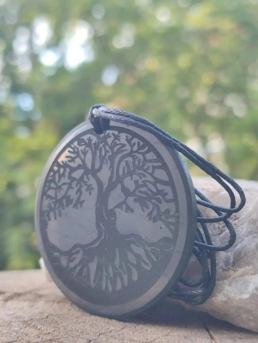 Shungite pendentif gravé arbre de vie ou fleur de vie Ø5cm fleur de vie Ø3cm Bouclier + Ancrage Shungite pendentif de protection gravé