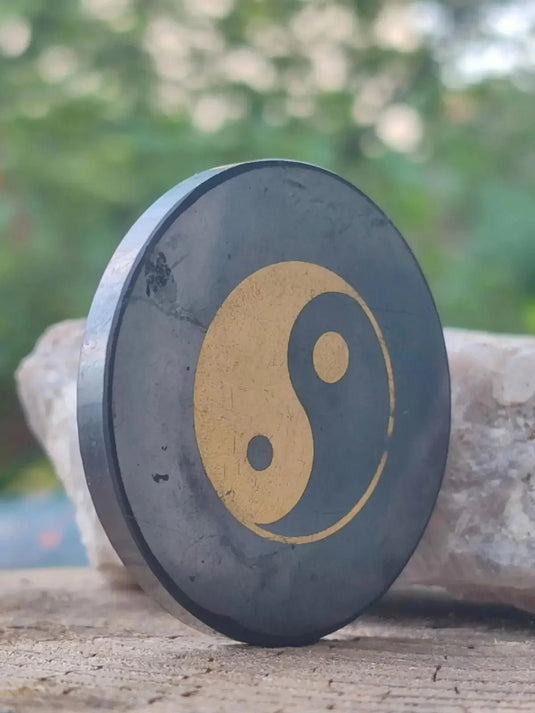 Shungite plaque de protection aimantée imprimée ’Yin-Yang’ Ø5cm x 0.5cm Shungite plaque aimantée pour appareils multimédia