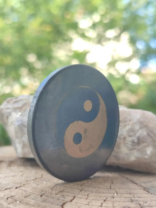 Shungite plaque de protection aimantée imprimée ’Yin-Yang’ Ø5cm x 0.5cm Pl10 Shungite plaque aimantée pour appareils multimédia