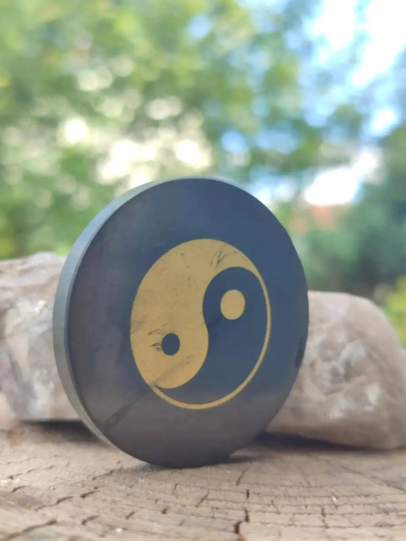 Chargez l&#39;image dans la visionneuse de la galerie, Shungite plaque de protection aimantée imprimée ’Yin-Yang’ Ø5cm x 0.5cm Pl6 Shungite plaque aimantée pour appareils multimédia
