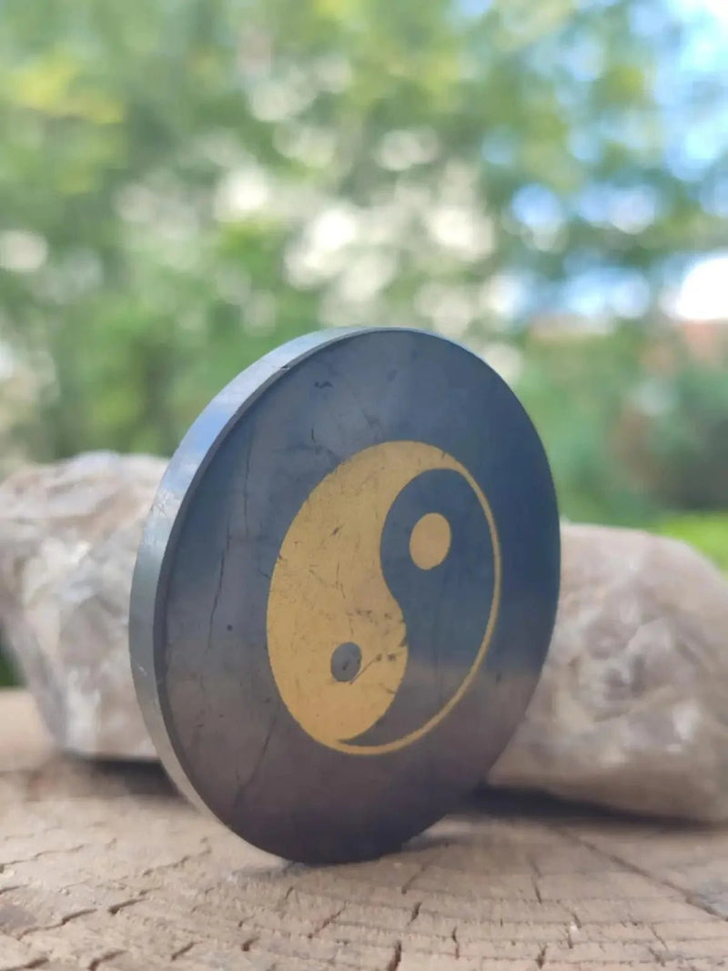 Chargez l&#39;image dans la visionneuse de la galerie, Shungite plaque de protection aimantée imprimée ’Yin-Yang’ Ø5cm x 0.5cm Pl8 Shungite plaque aimantée pour appareils multimédia
