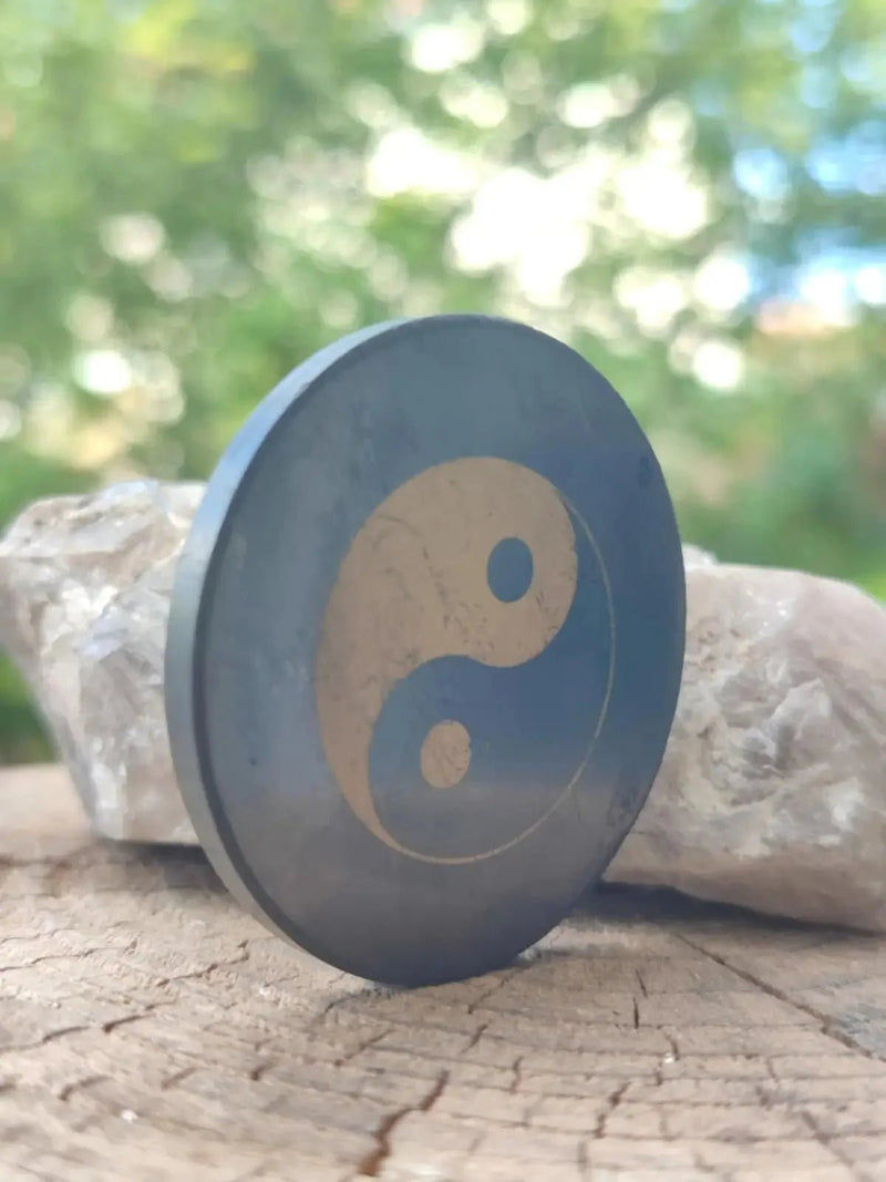 Chargez l&#39;image dans la visionneuse de la galerie, Shungite plaque de protection aimantée imprimée ’Yin-Yang’ Ø5cm x 0.5cm Pl9 Shungite plaque aimantée pour appareils multimédia
