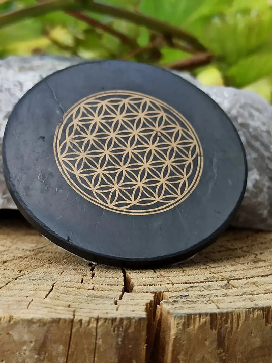 Shungite Protection pour le téléphone Ø5cm et Ø 3cm imprimée fleur de vie (Wifi 5G) Shungite plaque de protection téléphone imprimée fleur