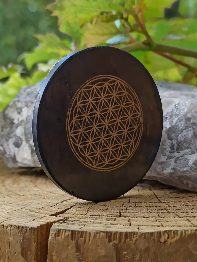 Chargez l&#39;image dans la visionneuse de la galerie, Shungite Protection pour le téléphone Ø5cm et Ø 3cm imprimée fleur de vie (Wifi 5G) Shungite plaque de protection téléphone imprimée fleur
