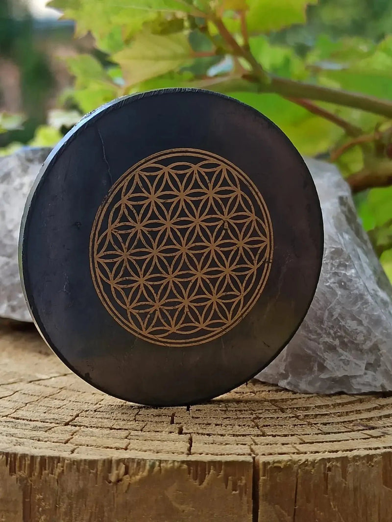 Chargez l&#39;image dans la visionneuse de la galerie, Shungite Protection pour le téléphone Ø5cm et Ø 3cm imprimée fleur de vie (Wifi 5G) Shungite plaque de protection téléphone imprimée fleur
