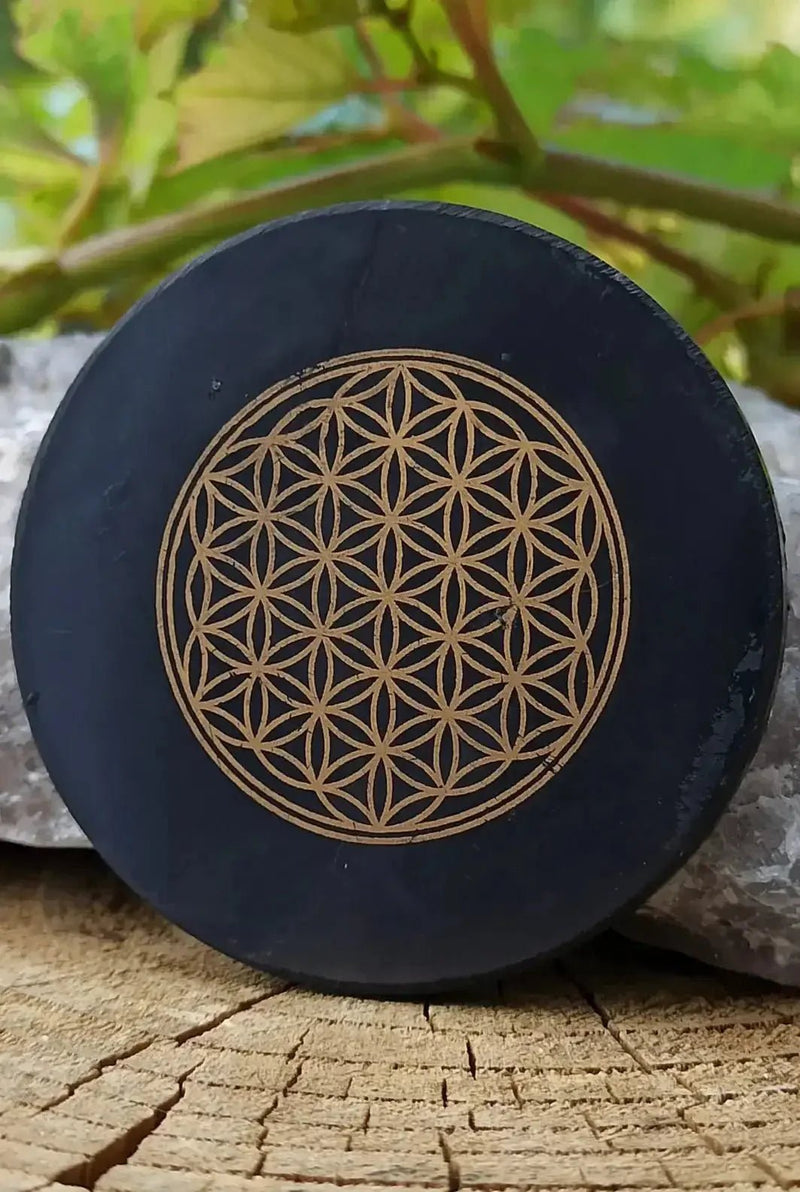 Chargez l&#39;image dans la visionneuse de la galerie, Shungite Protection pour le téléphone Ø5cm et Ø 3cm imprimée fleur de vie (Wifi 5G) Shungite plaque de protection pour téléphone Ø5cm
