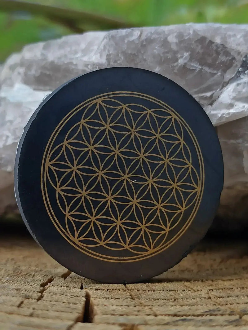 Chargez l&#39;image dans la visionneuse de la galerie, Shungite Protection pour le téléphone Ø5cm et Ø 3cm imprimée fleur de vie (Wifi 5G) Shungite plaque de protection pour téléphone Ø3cm
