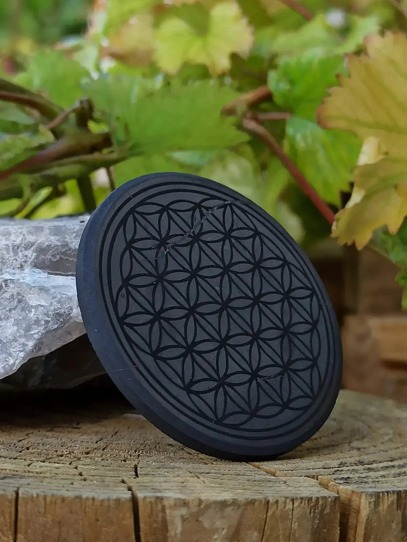 Chargez l&#39;image dans la visionneuse de la galerie, Shungite Protection pour téléphone Ø5cm et Ø3cm Gravée fleur de vie &amp; arbre de vie Shungite plaque de protection téléphone gravée fleur
