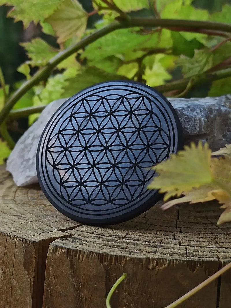 Chargez l&#39;image dans la visionneuse de la galerie, Shungite Protection pour téléphone Ø5cm et Ø3cm Gravée fleur de vie &amp; arbre de vie Shungite plaque de protection téléphone gravée fleur
