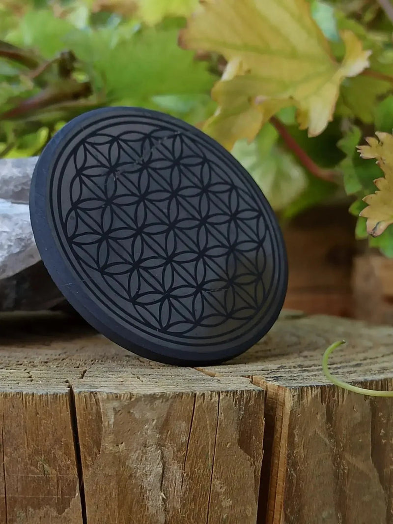 Chargez l&#39;image dans la visionneuse de la galerie, Shungite Protection pour téléphone Ø5cm et Ø3cm Gravée fleur de vie &amp; arbre de vie Shungite plaque de protection téléphone gravée fleur
