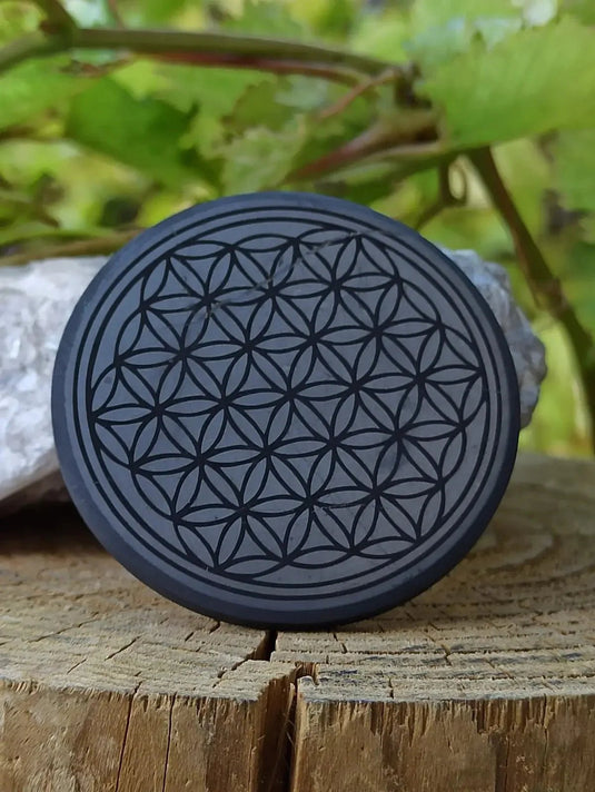 Shungite Protection pour téléphone Ø5cm et Ø3cm Gravée fleur de vie & arbre de vie Shungite plaque de protection téléphone gravée fleur
