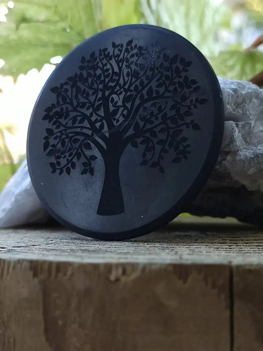 Shungite Protection pour téléphone Ø5cm et Ø3cm Gravée fleur de vie & arbre de vie Shungite plaque de protection pour le téléphone Ø 5cm
