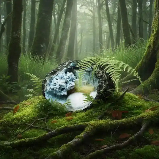 Géode minérale sur tapis de mousse fraiche et forêt en arrière plan