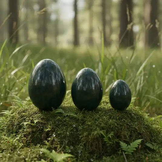 Œuf Tantra Yoni en Jade Néphrite, sur tapis de mousse fraiche et forêt en arrière plan
