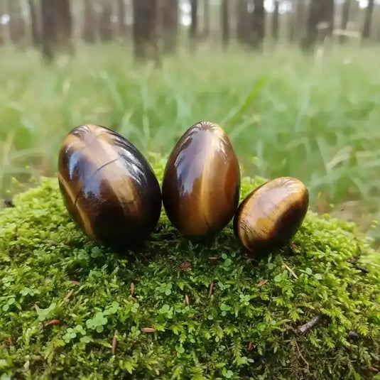 Œuf Tantra Yoni en Œil de tigre sur tapis de mousse fraiche et forêt en arrière plan